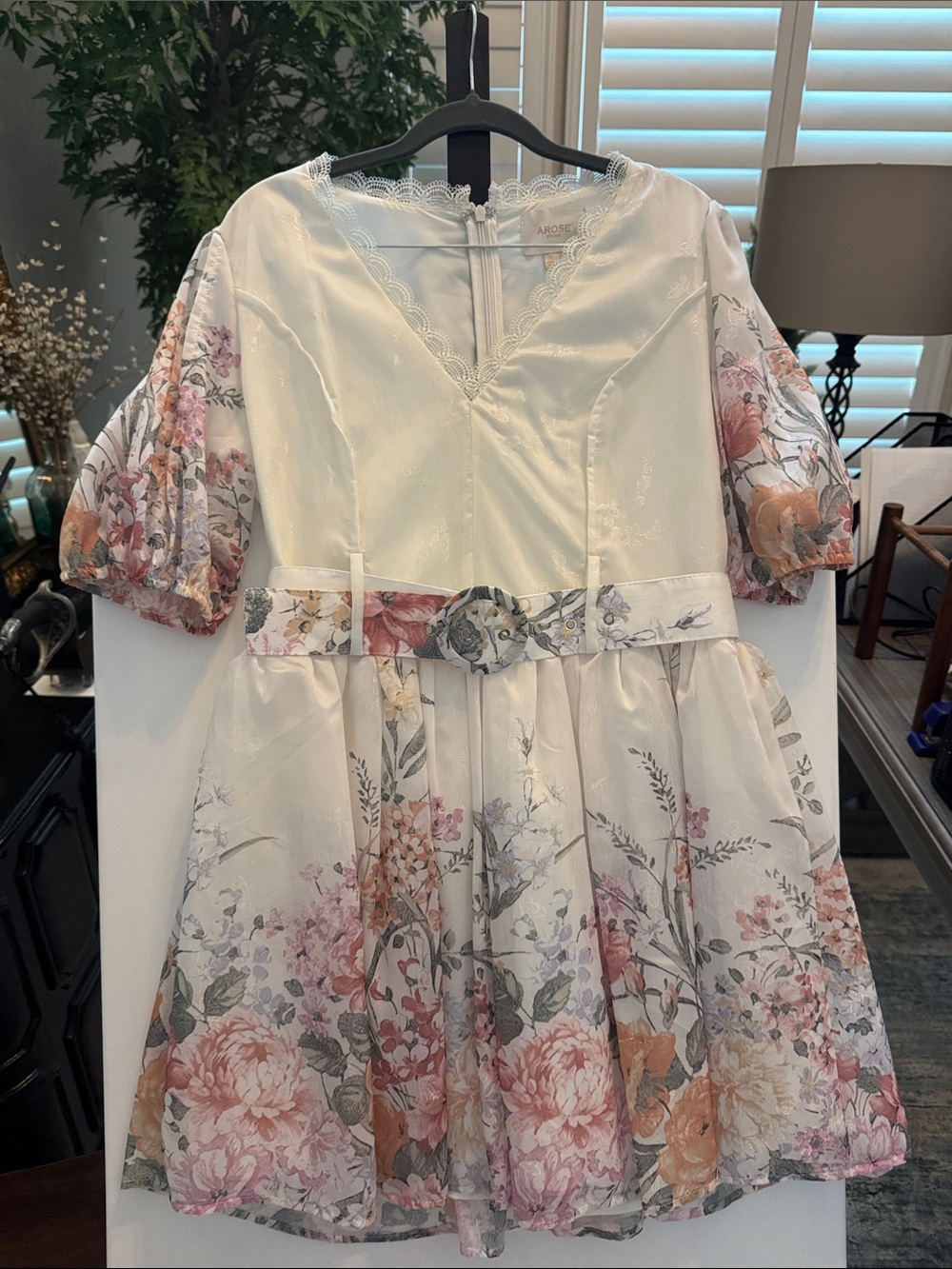 Arose Studio Floral Ivory & Pink Woman’s Party Dress with Belt